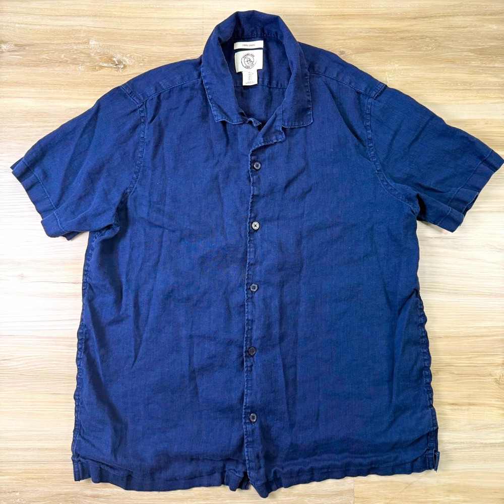 Panama Jack Shirt Mens Large Blue Short Sleeve 100% Linen Camp Collar Casual